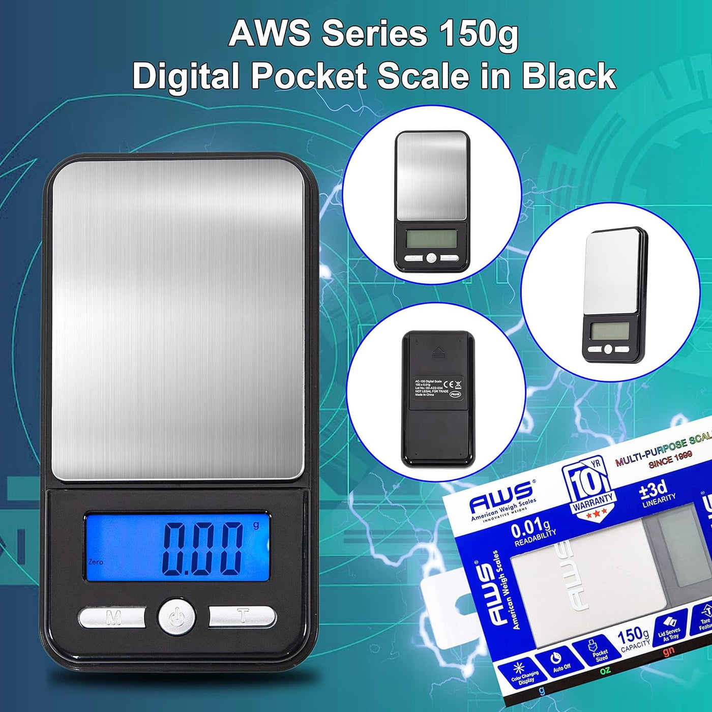 Digital Pocket Weight Scale, Stainless Steel, Black 150g, for Accurate Kitchen, Food and Portion Weighing