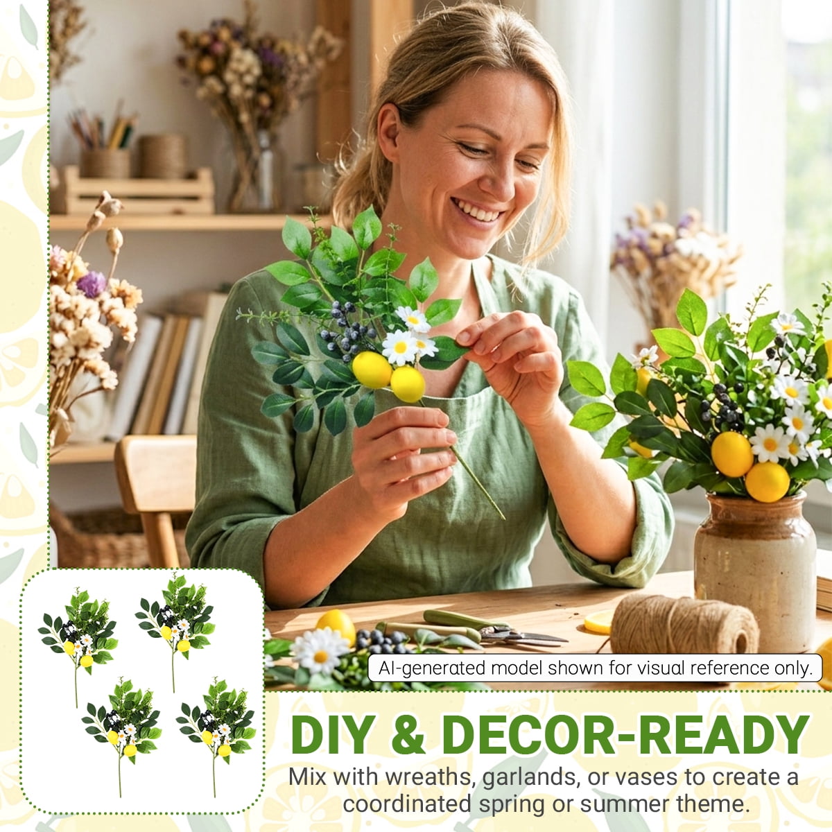 Artificial Lemon and Blueberry Picks with Eucalyptus Leaves 4-Pack 12" Summer Fruit Branch Decorations for Home, Kitchen, Vase, Table