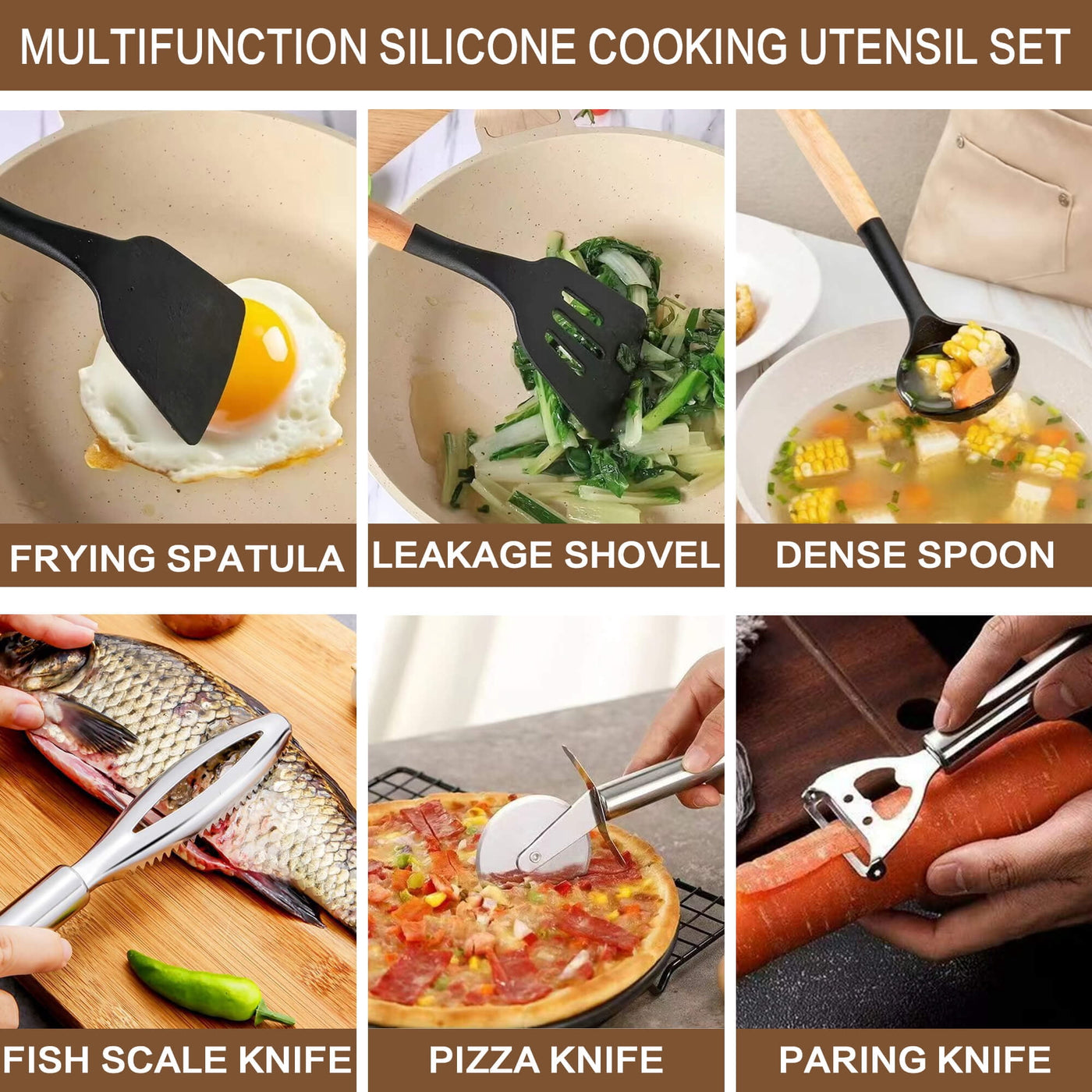 20-Piece Silicone Stainless Steel Cooking Utensils Set -multifunctional Kitchen Utensil Set, Black, for Cooking, Mixing, Serving and Nonstick Cookware