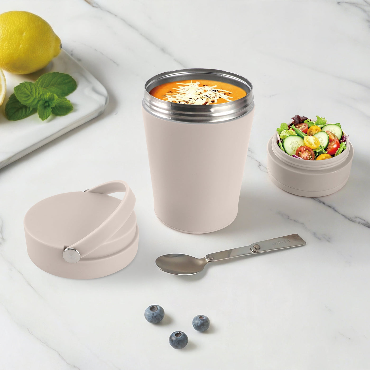 Cook with Color Insulated Ice Cream Holder or Soup Container with Toppings Compartment and Spoon, Taupe, Made for Portable Food Storage