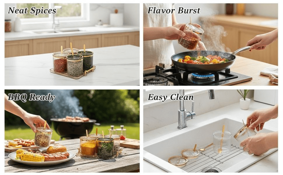 Acrylic Condiment Spice Jars Set, Clear Plastic Condiment Canisters, Seasoning Box with Lids and Spoons, Seasoning Box Set for Kitchen Counter