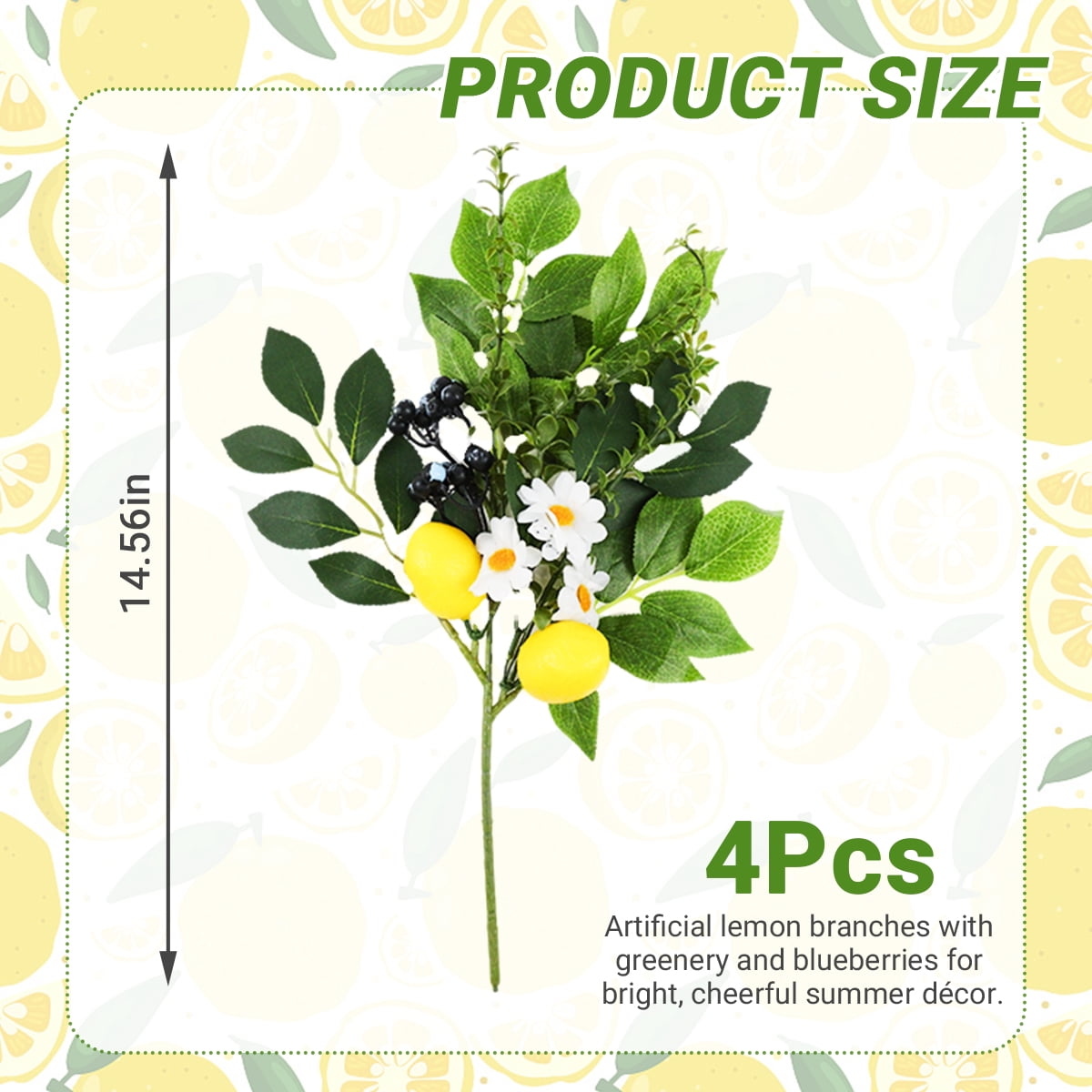 Artificial Lemon and Blueberry Picks with Eucalyptus Leaves 4-Pack 12" Summer Fruit Branch Decorations for Home, Kitchen, Vase, Table