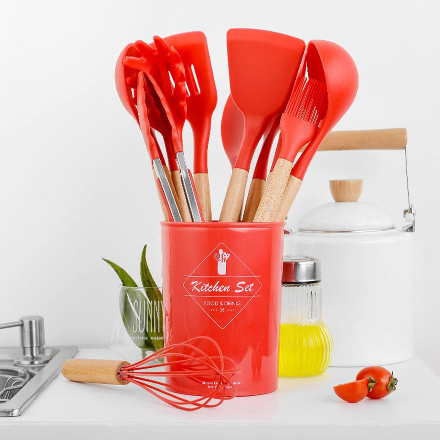 12-Piece Silicone Cooking Utensils Set with Wooden Handles, Heat Resistant Nonstick Kitchen Gadgets, Red