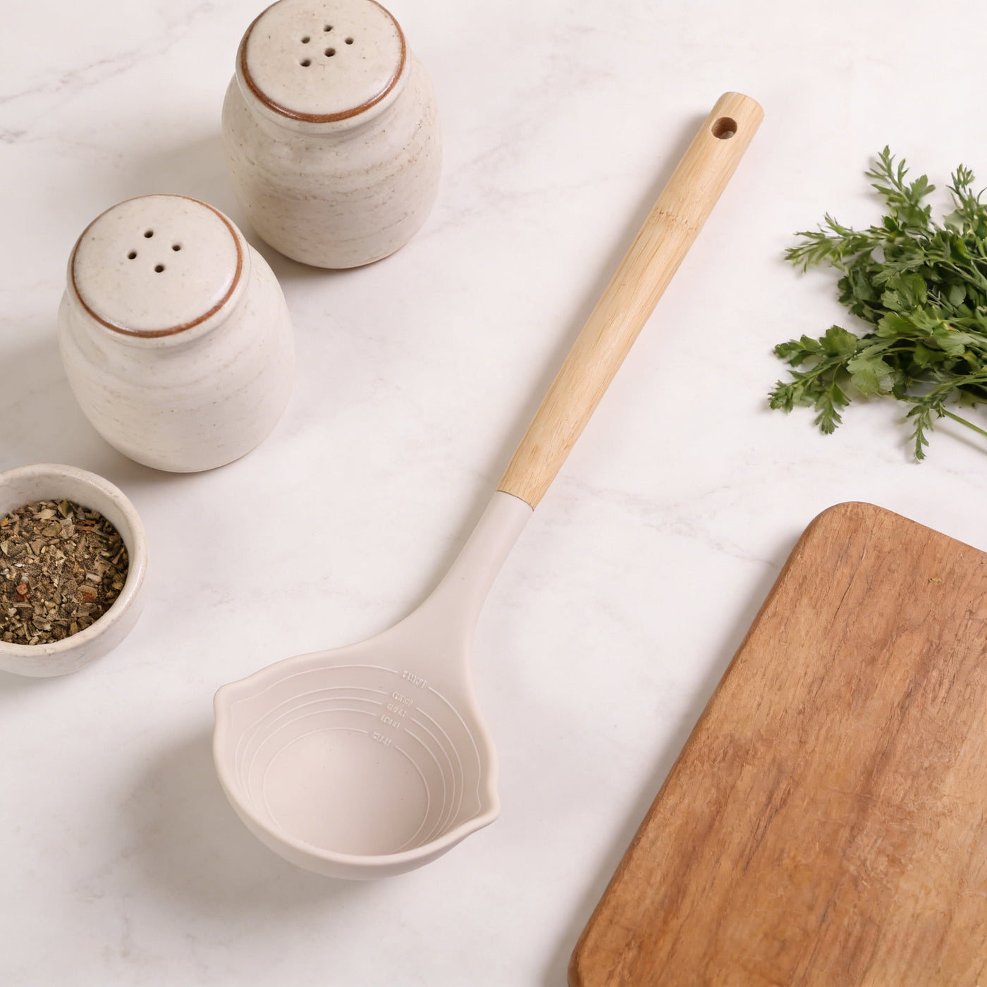 12.8" Silicone Kitchen Ladle with Bamboo Handle, for Cooking, Mixing, Serving and Nonstick Cookware, Durable Design for Daily Home Use