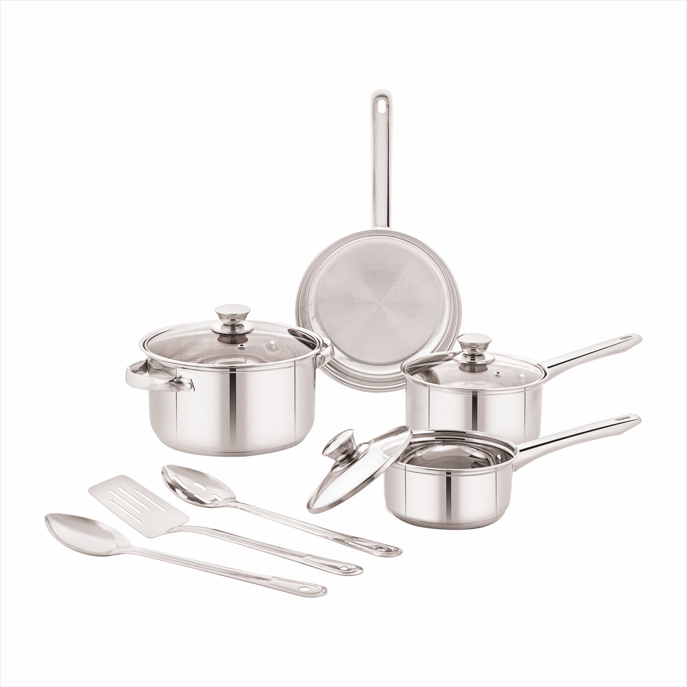 Stainless Steel 10-Piece Cookware Set with Lids and Kitchen Utensils, for Cooking, Mixing, Serving and Nonstick Cookware