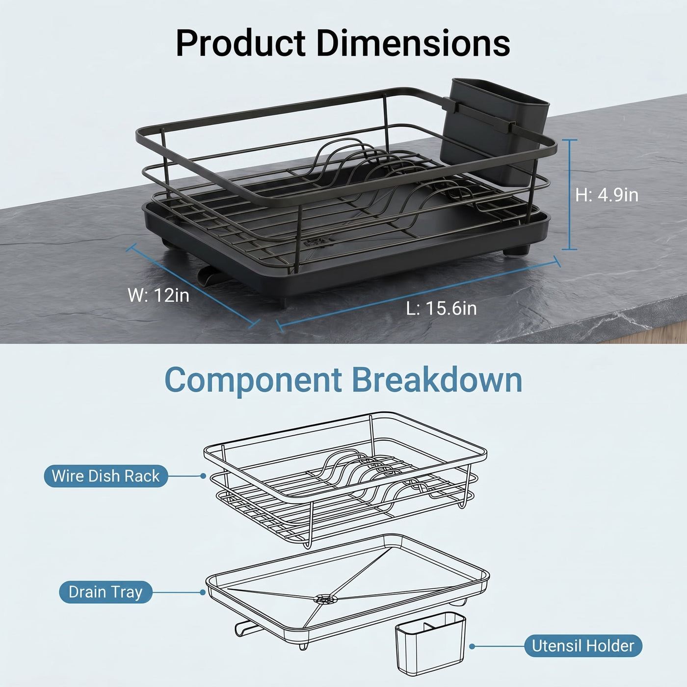 Metal Dish Drying Rack for Kitchen Counter (15.6" × 12") — Black Coated Steel with Removable Utensil Holder and Swivel Drainboard