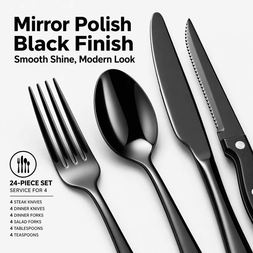 24-Piece Silverware Set, Mirror Polish Stainless Steel Flatware Set. Includes Steak Knives, Dishwasher Safe for Home and Restaurant, Gifts, Black.