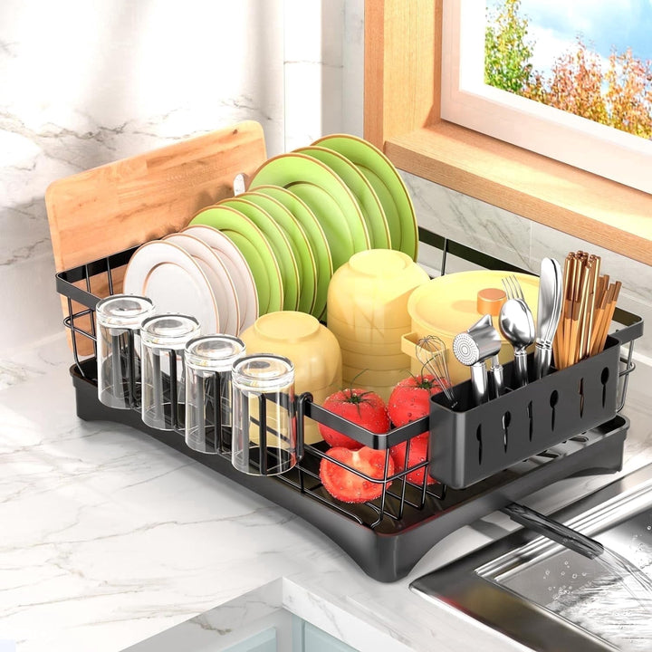 Dish Drying Rack, Kitchen Counter Stainless Steel Large 1 Tier Dish Drainer with Drainboard Over Sink for Cups, Knives, Spoons