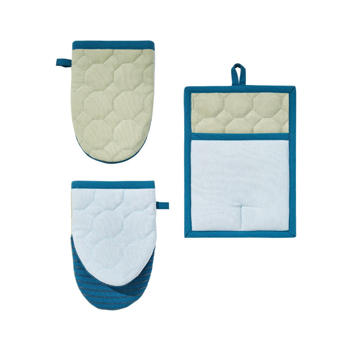 Beautiful Home By Floral Print Two Tone Mini Mitt and Pot Holder Set, 3-Piece, Hydrangea, for Kitchen Cabinet, Countertop and Pantry Organization
