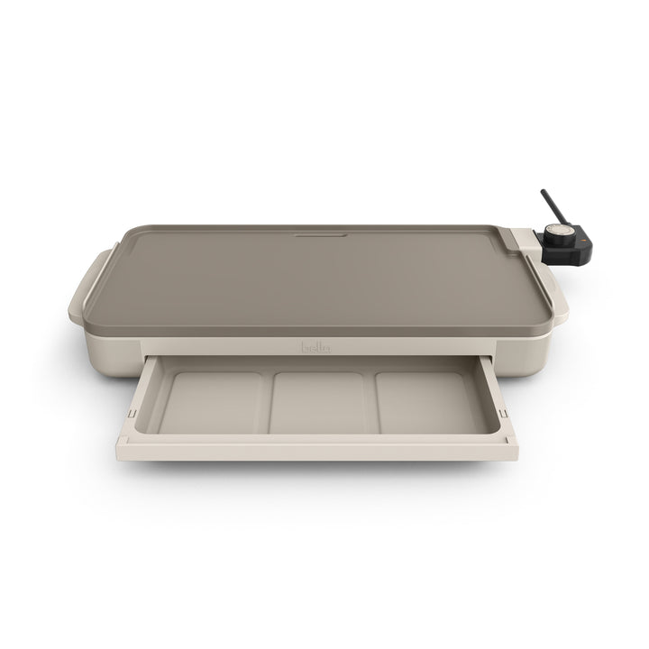 10" X 18" Nonstick Ceramic Griddle with Warming Tray, Oatmilk, for Everyday Home Kitchen Cooking, Storage and Organization