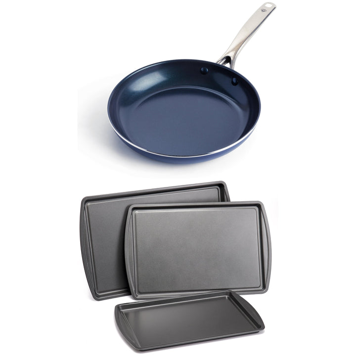 Blue Diamond 10-Inch Ceramic Nonstick Frypan with 3-Piece Nonstick Cookie Sheet Bakeware Bundle, for Everyday Home Kitchen Cooking