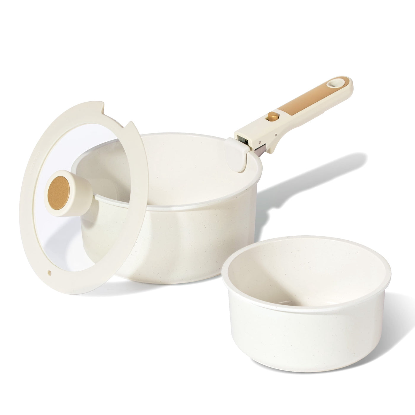 Ceramic Nonstick Cookware Set with Induction, 4-Piece Set with Detachable Saucepan and Lid, Oven Safe, Dishwasher Safe, Cream White