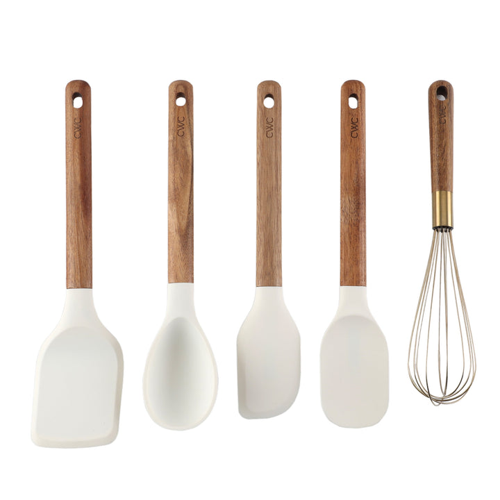 Cook with Color 5-Piece Wooden Cooking Utensils Set with Silicone Heads, Stylish and Durable Kitchen Tools