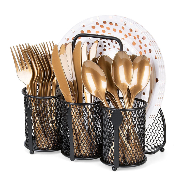 Caddy Silverware Holder, 4 Compartment Metal Mesh Cutlery Fork Spoon Napkin Plate Organizer Flatware Storage Basket Party Kitchen Countertop Buffet