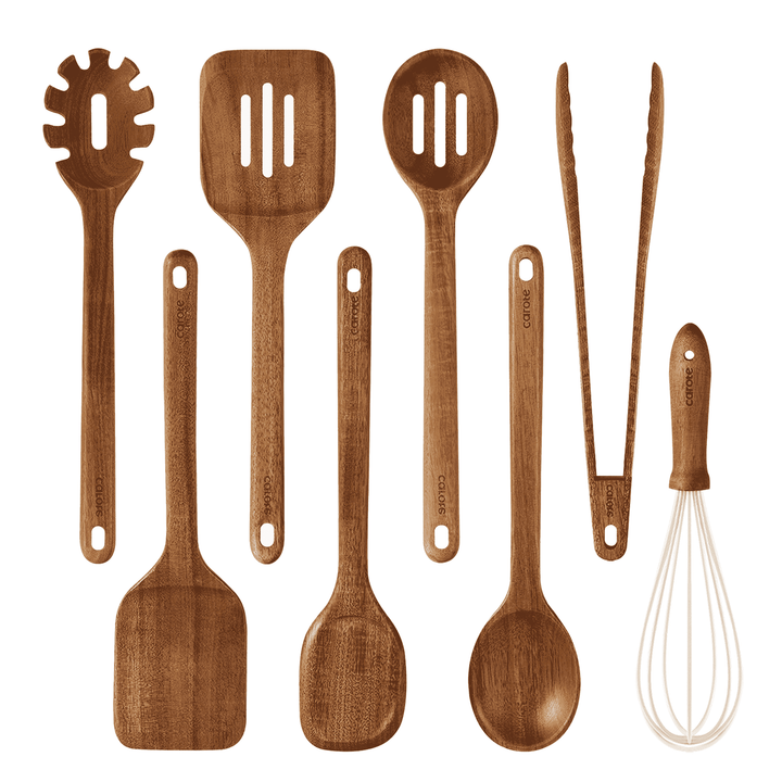 8-Piece Wooden Cooking Utensils Set for Kitchen, Acacia Wood Utensils Set, for Cooking, Mixing, Serving and Nonstick Cookware