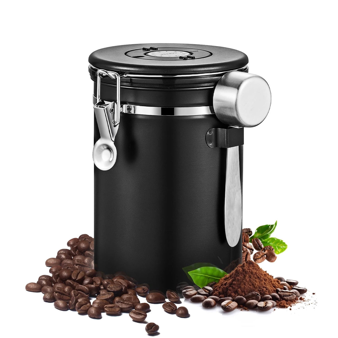 Stainless Steel Coffee Canister, 22oz Airtight Coffee Bean Storage Grounds Container with Date Tracker and Measuring Scoop, Espresso Airtight Canister