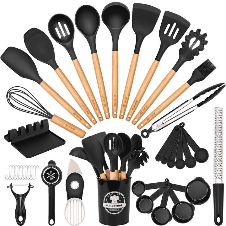 Silicone Cooking Utensils Set, 38-Piece Kitchen Utensils Set for 446°F Heat Resistant, Food Grade Utensil Sets with Wooden Handle