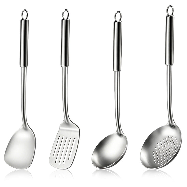 Cooking Utensils Sets, 4-Piece Stainless Steel Kitchen Utensils Kitchen Gadgets Tools Set Include Wok Ladle, Slotted Spoon
