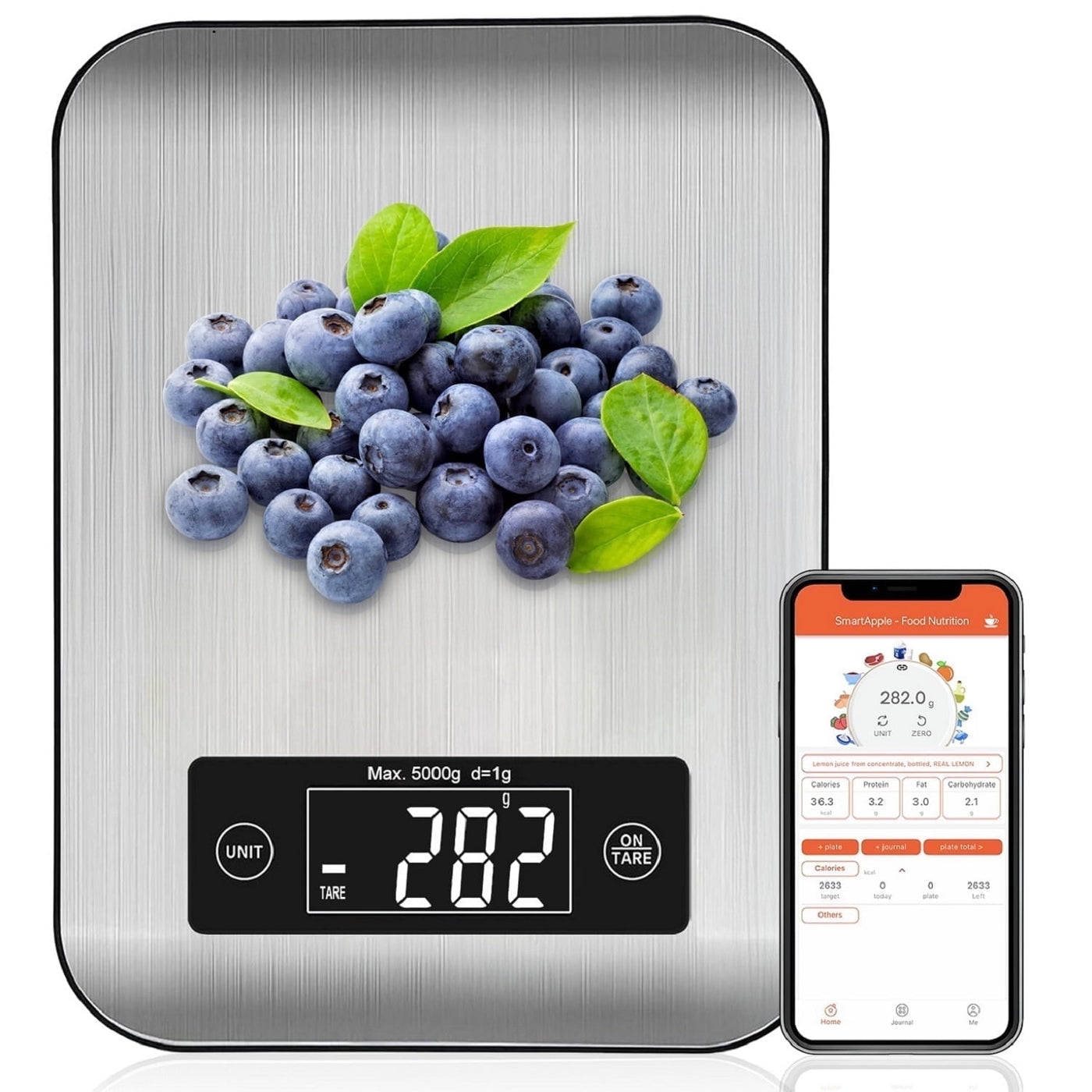 Digital Kitchen Scale with App, Bluetooth Smart Food Weight Scale, Stainless Steel, Metal, 11lbs/5kg