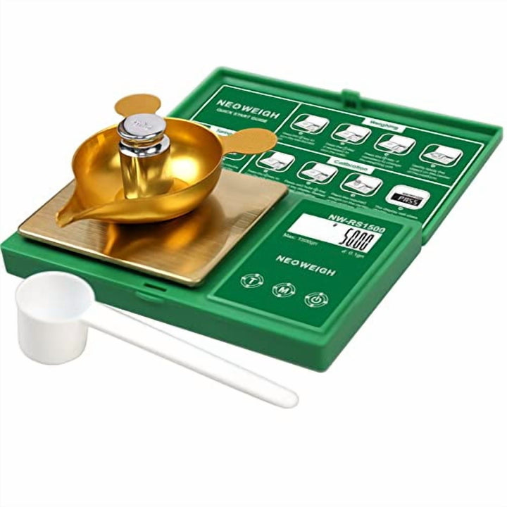 Digital Reloading Powder Scale, 1500 Grains/0.1gn and 100g/0.01g, Metal Pan, Scoop, 50g Cal Weight (batteries Included)