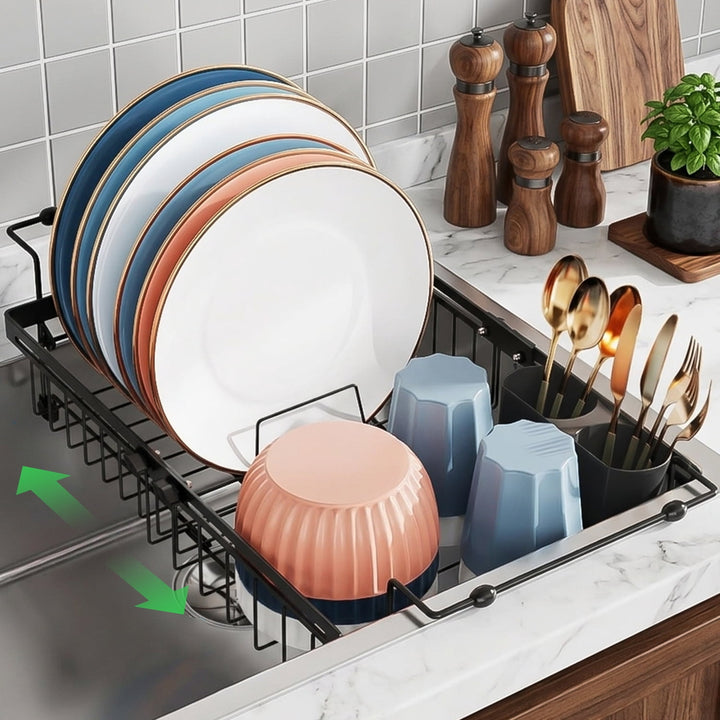 Dish Drying Rack in Sink, Expandable Stainless Steel Dish Rack Over The Sink, Kitchen Sink Drain Strainer with Cutlery Holder