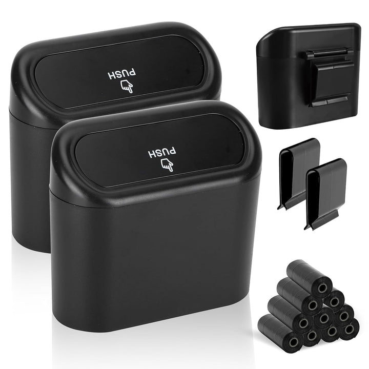 Mini Car Trash Can with Lid (2-pack) | Portable Leakproof Car Trash Bin for Side Door and Back Seat | Car Garbage Organizer with 10 Trash Bag Rolls |