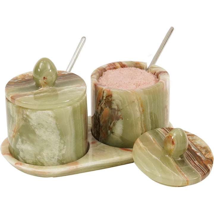 Marble Salt Cellar with Lid 4 Inch Green Handmade Set of 2 Seasoning Jars with Tray, Ideal Table Salt Container Salt Dish and Sugar Bowl for Kitchen