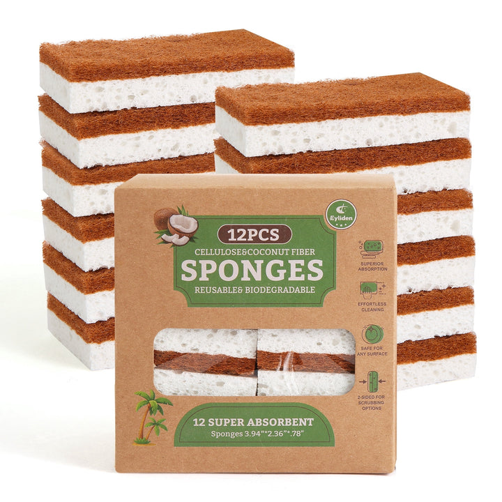 Dual-sided Natural Cellulose Sponges, Coconut Fiber Scrub for Dishes, 12-Pack, for Everyday Home Kitchen Cooking, Storage and Organization