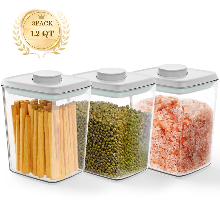 Airtight Pop Up Container: 3-Pack 1.2 QT Food Storage Container with Lid, Stackable Kitchen Storage Container for Cereal, Snack, Sugar, Coffee