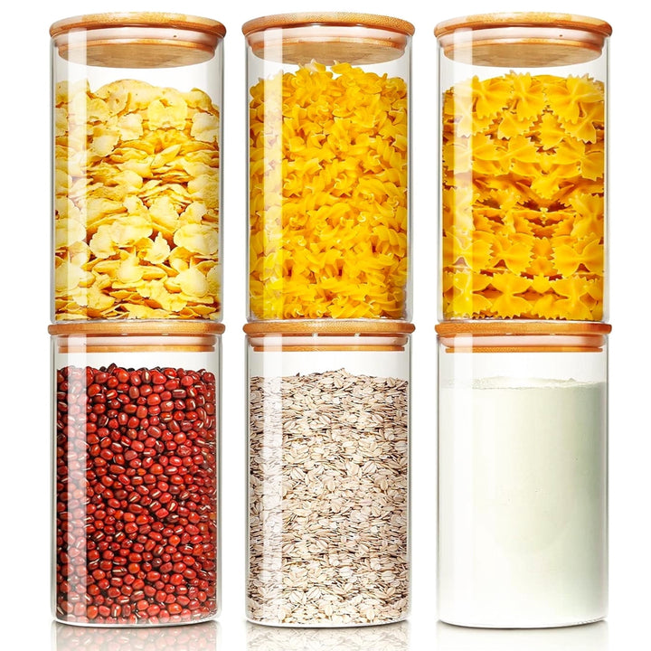 Glass Jar with Bamboo Lid: 6-Pack 25oz Airtight Food Storage Containers, Kitchen and Pantry Organizer for Coffee, Sugar, Flour, Candy, Pasta, Cereal