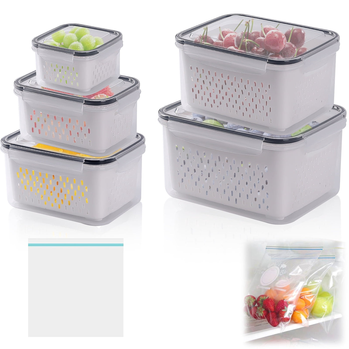 5-Pack Large Airtight Fruit Containers for Fridge, with 20-Piece Fresh-keeping Bags, Leakproof Food Storage Containers with Removable Colander