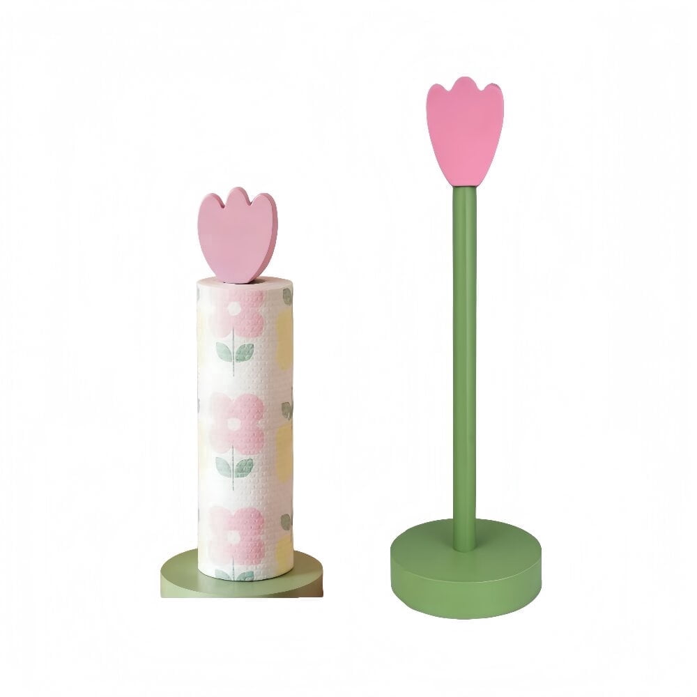 Wooden Paper Towel Holder Countertop, Rustic Standing Paper Towel Roll Stand with Pink Flower Design for Kitchen, Bathroom, Bar