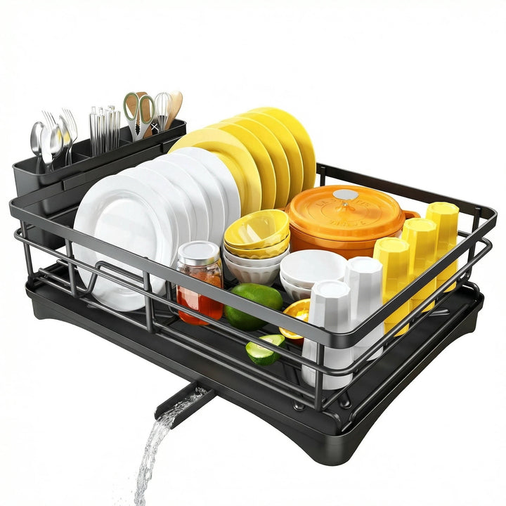 Metal Dish Rack with Utensil Holder and Drainboard, Anti-rust Kitchen Organizer, Black, for Cooking, Mixing, Serving and Nonstick Cookware