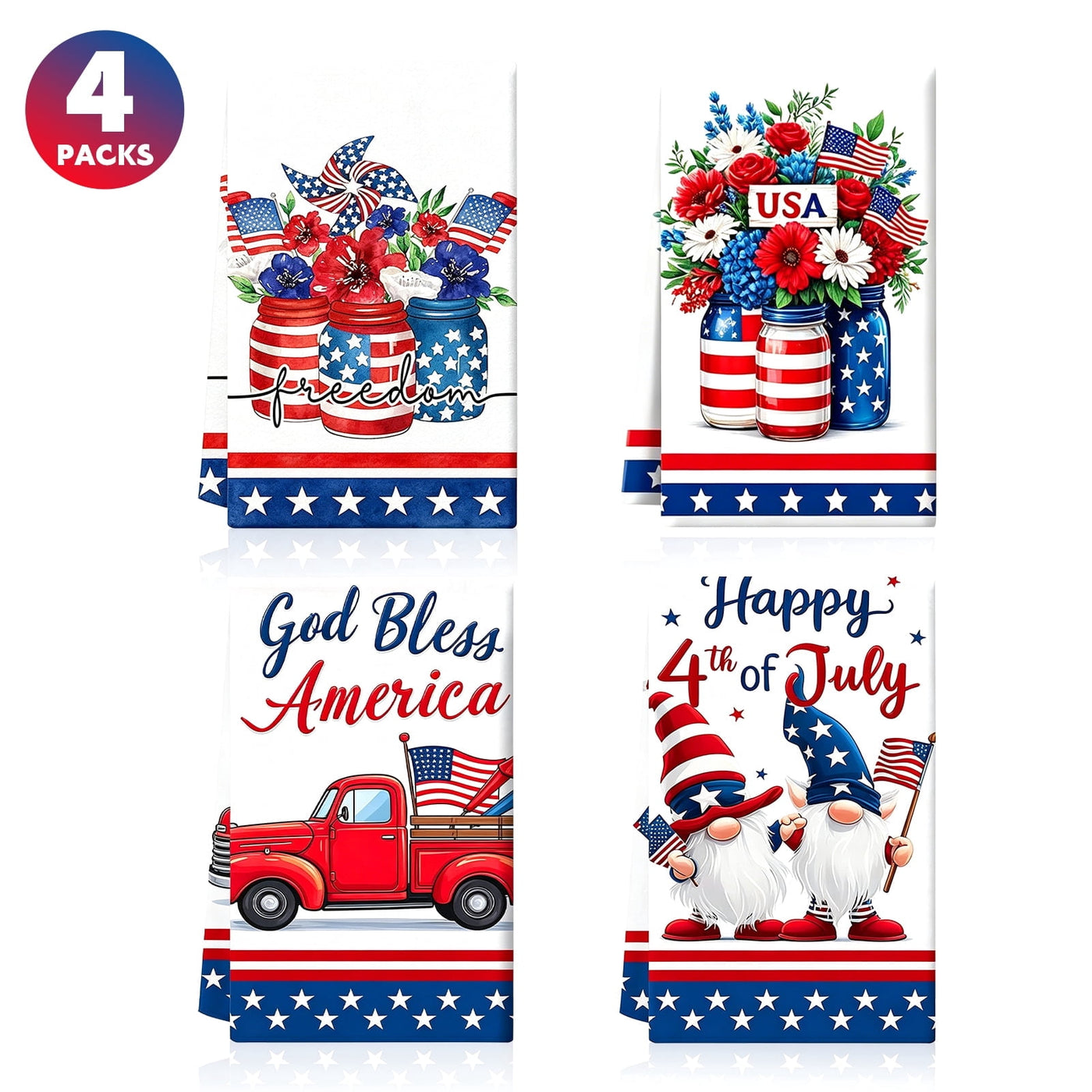 4-Piece 4th of July Patriotic Kitchen Towel, 16" X 24" American Flag Stars Kitchen Dish Towels, Red White Blue Absorbent Hand Towel for Independence