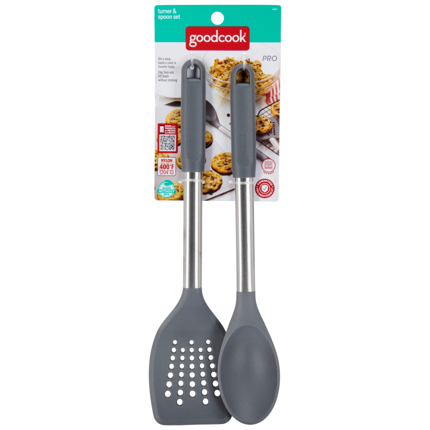 2-Piece Turner and Spoon Set for Kitchen Cooking, Stainless Steel with Nylon Heads, for Cooking, Mixing, Serving and Nonstick Cookware