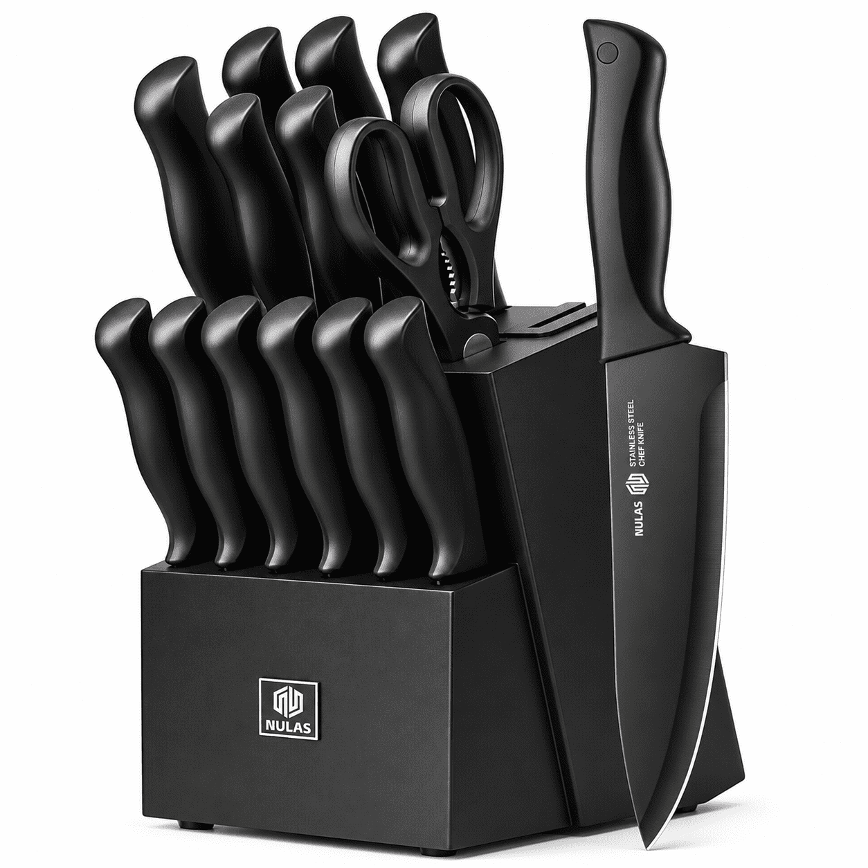 Set, 15-Piece Kitchen Knife Set with Block, Self-sharpening, Dishwasher Safe Knives and Anti-slip Handles, Black