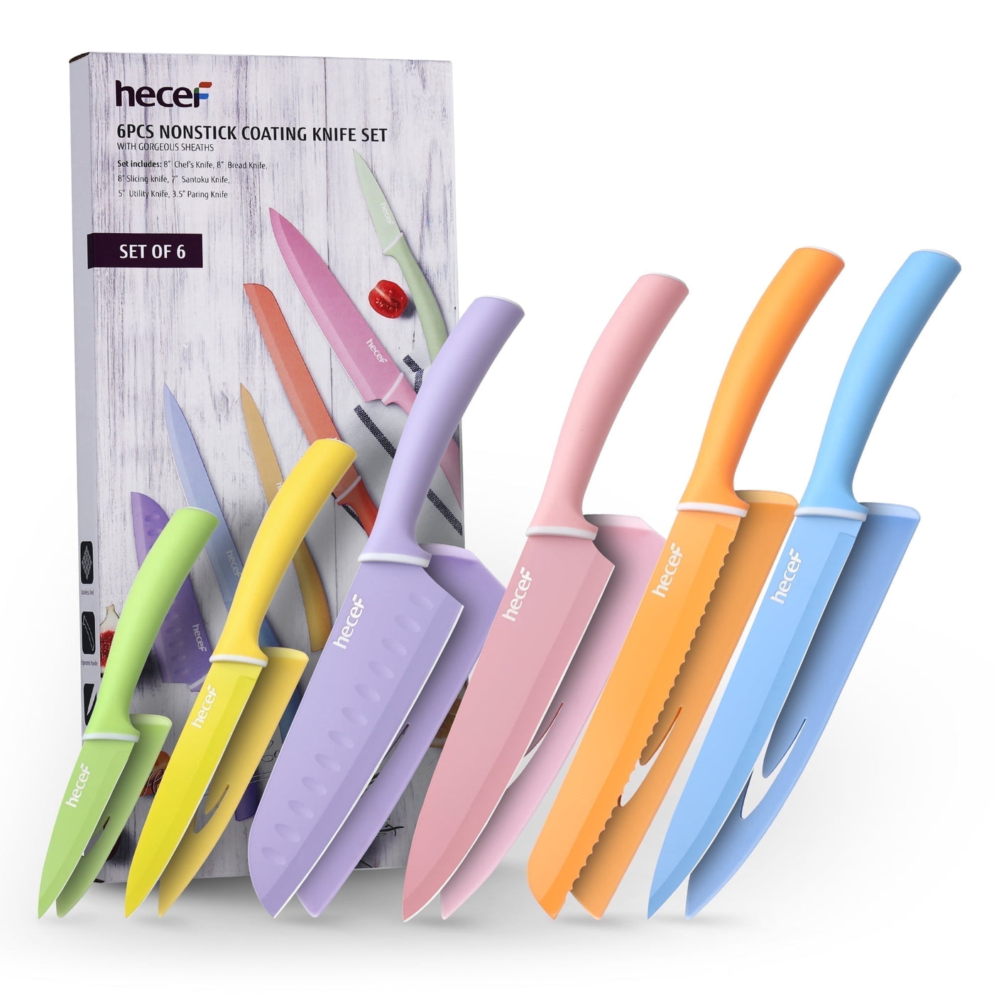 6-Piece Kitchen Knife Set, Colorful Coated Stainless Steel Sharp Cooking Knives, Dishwasher Safe, for Chopping, Slicing and Everyday Food Preparation