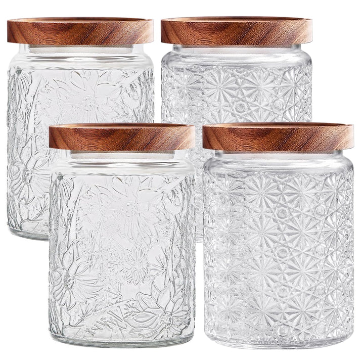 Glass Jars with Wooden Lids, 4-Pack 24 Oz Airtight Glass Food Storage Containers Sets for The Kitchen, Sugar Coffee Candy Spice Cookie Tea Pasta