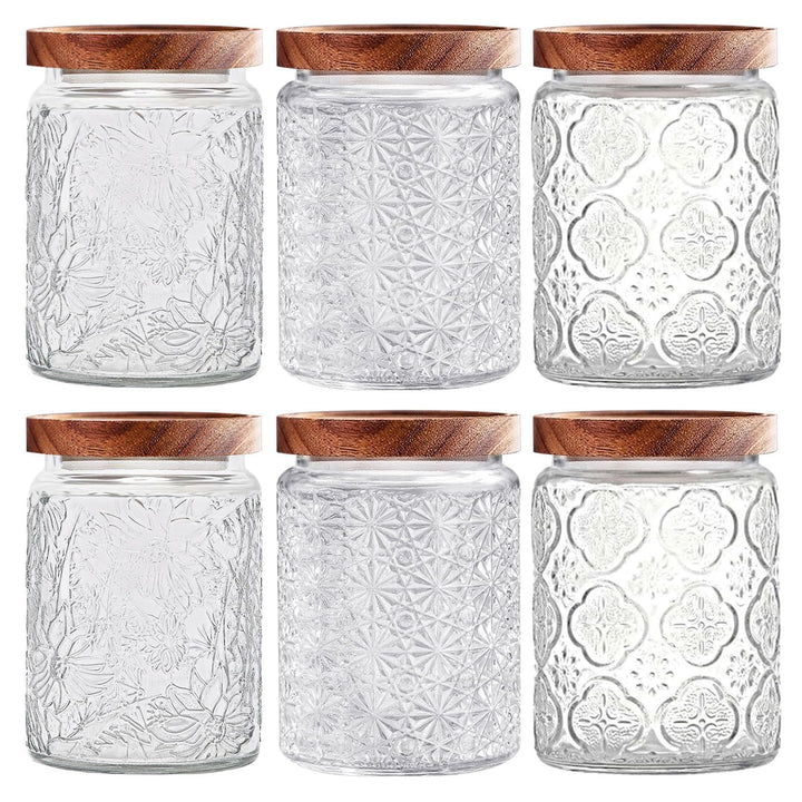 Glass Jars with Wooden Lids, 6-Pack 24 Oz Airtight Glass Food Storage Containers Sets for The Kitchen, Sugar Coffee Candy Spice Cookie Tea Pasta