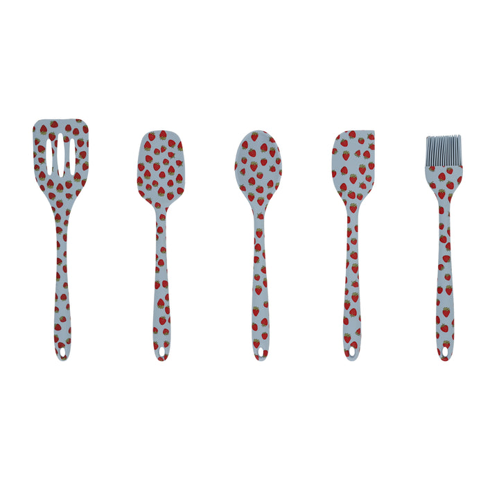 Just Feed Me By Jessie James Decker 5-Piece Silicone Kitchen Gadget Set, Strawberry, for Everyday Home Kitchen Cooking, Storage and Organization