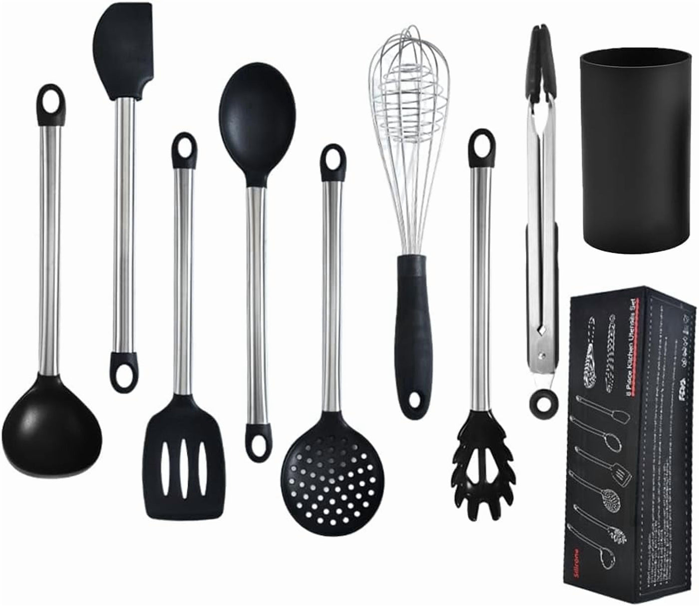9-Piece Silicone Cooking Utensils Set with Holder, Heat Resistant Kitchen Utensils Set of Slotted Spatula, Spoons, Whisk, Tong