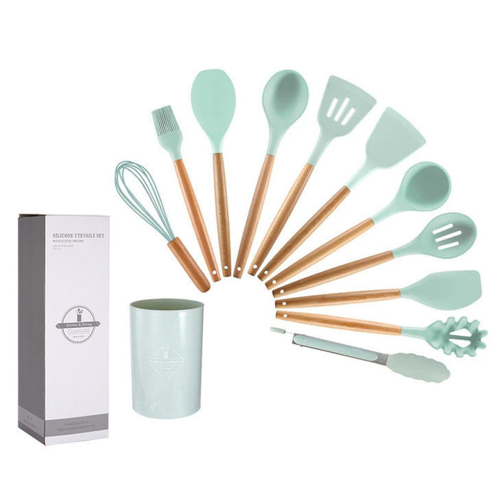 Silicone Kitchen Utensils with Holder Set (12-pack), Heat Resistant Nonstick Cooking Tools for Baking, Frying and Stirring, with Wooden Handle (aqua)