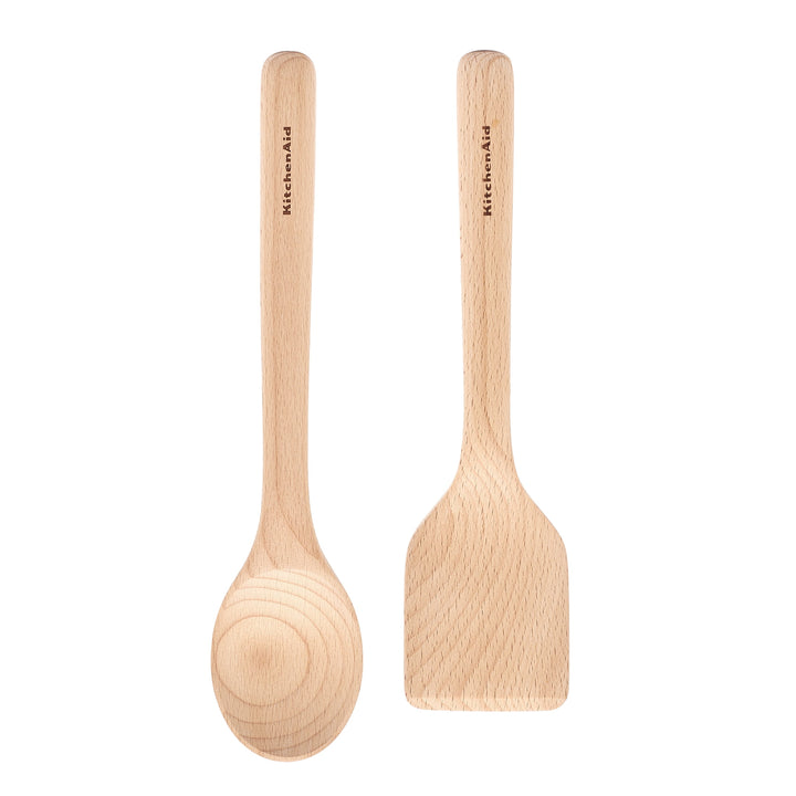 2-Piece Wooden Kitchen Cooking Utensils Set, Beech Wood, for Cooking, Mixing, Serving and Nonstick Cookware