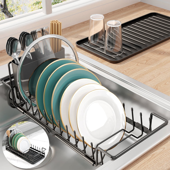 Dish Drying Rack with Drying Tray, Over Sink Dish Rack for Kitchen Counter, Removable Utensils Holder, Fits 14"-20.9" Sink, Black