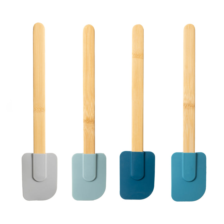 Silicone Spatulas Set 4 with Bamboo Handles, Blue, for Cooking, Mixing, Serving and Nonstick Cookware