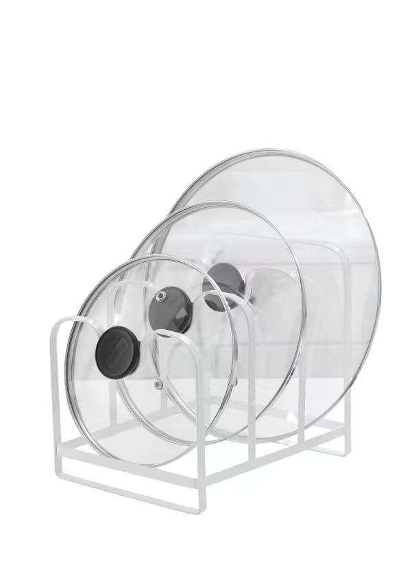 Metal Pot Lid Organizer Rack, U-shape Pan Lid Holder for Kitchen Cabinet, Countertop or Pantry Storage, White