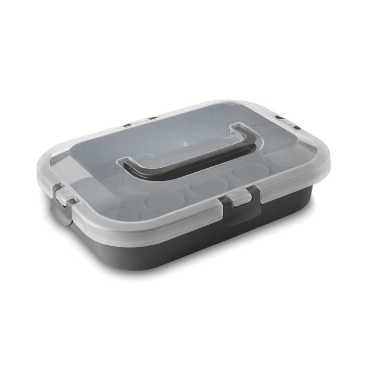 Rectangular Cupcake and Cake Carrier with Lid, Handle, Clasps and Removeable Flippible Cupcake Tray, Grey Plastic