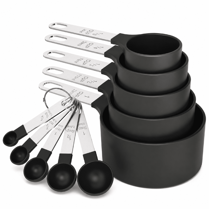 Measuring Cups Spoons Set Stainless Steel 10-Piece Black Nesting Stackable Food Grade Cooking Baking