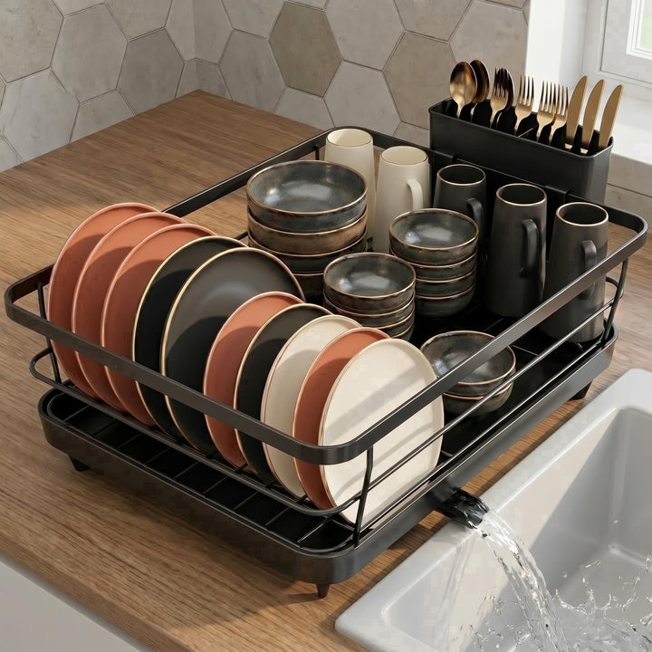 Metal Dish Drying Rack for Kitchen Counter (15.6" × 12") — Black Coated Steel with Removable Utensil Holder and Swivel Drainboard