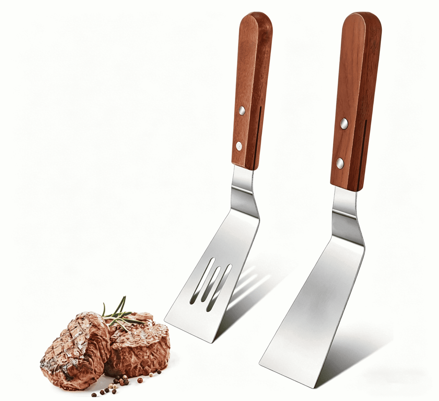 Metal Spatula Set, Stainless Steel Griddle Spatulas with Wooden Handle, Slotted and Solid Turner for Cooking, Baking, Bbq, Grilling